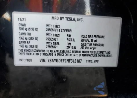 2022 Tesla Model Y z USA, uszkodzony, nr VIN 7SAYGDEF2NF312187